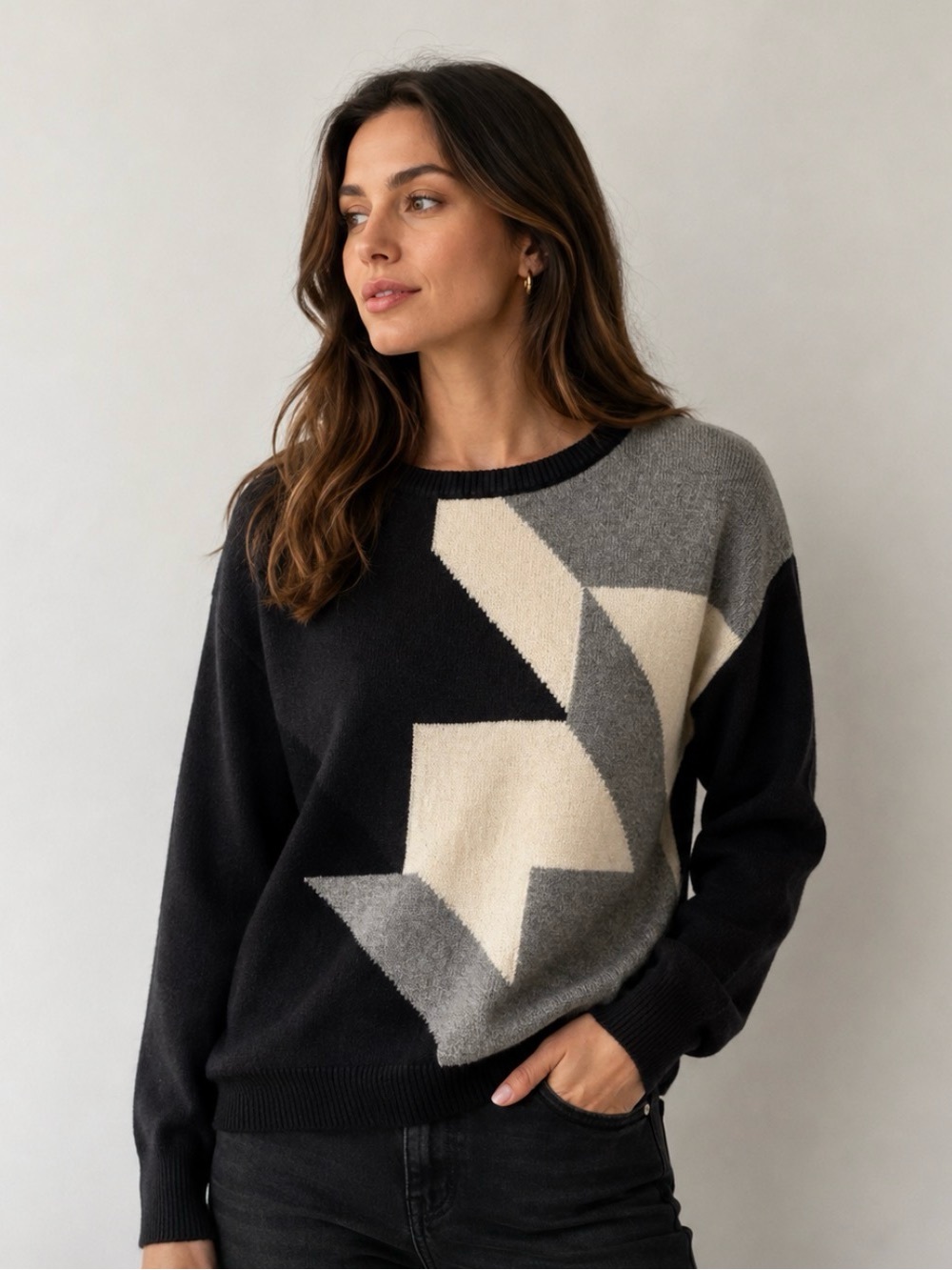 Ann Taylor Colorblock Wool Cashmere Blend Sweater Medium Navy Black Gray